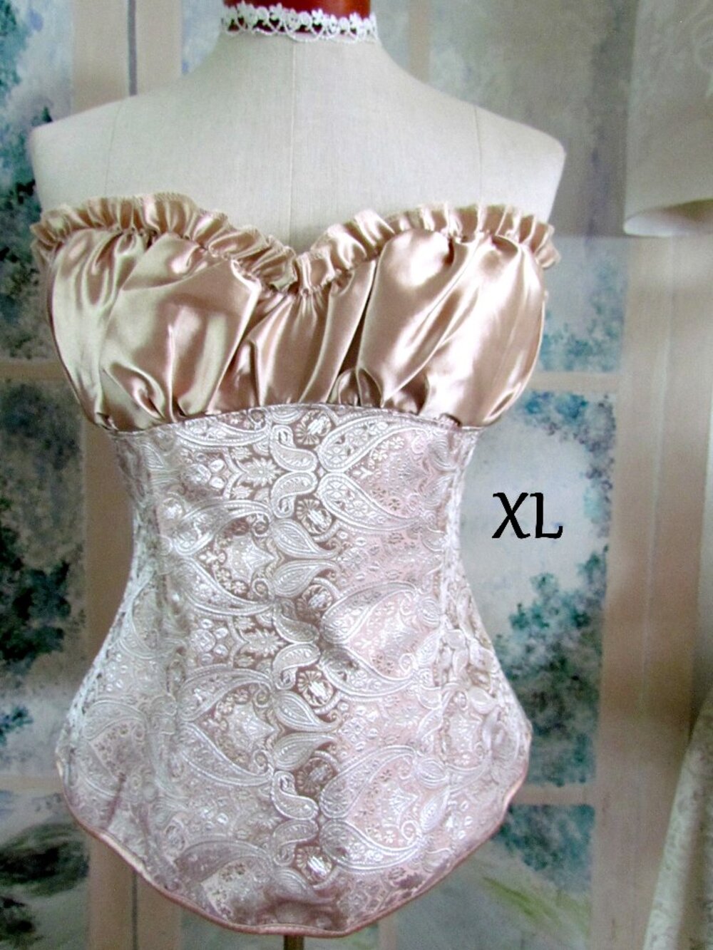 CORSET, XL, LACE-UP + ZIPPER, FANCY GOLD BROCADE w GATHERED BUST & RUFFLES, NWOT